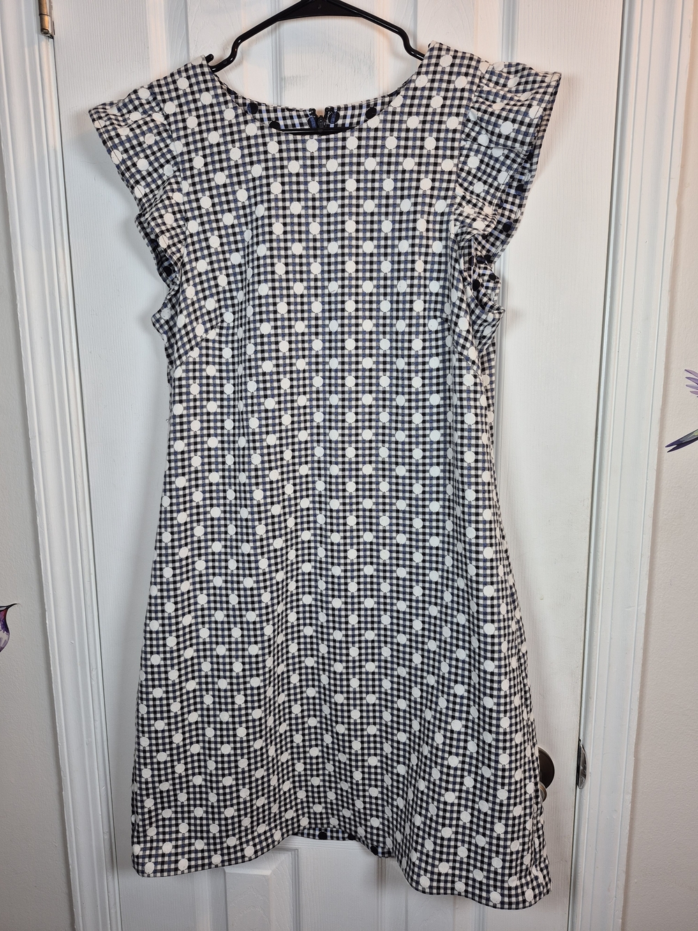 Eliza J Gingham Polka Dot Ruffle Sleeve Sheath Mini Dress Black Blue Size 12